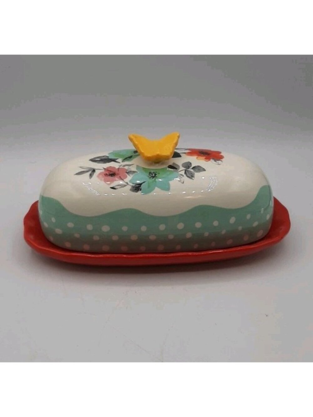 The Pioneer Woman Flea Market Floral Butter Dish with Yellow Butterfly Handle